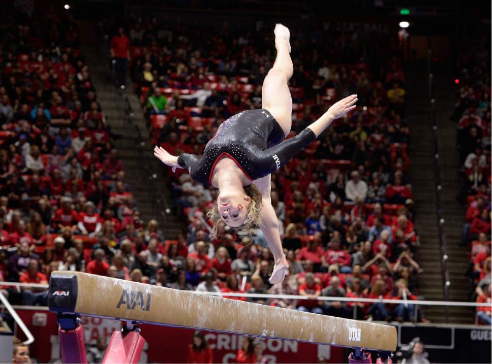 Scott Sommerdorf | The Salt Lake Tribune
Utah's Maddy Stover during her 9.80 beam routine. Utah outscored Stanford 197.500 to 196.275, Friday, March 3, 2017.