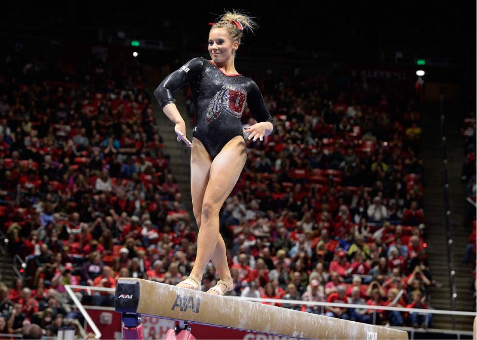 Scott Sommerdorf | The Salt Lake Tribune
Utah's MyKayla Skinner during her 9.70 beam routine. Utah outscored Stanford 197.500 to 196.275, Friday, March 3, 2017.