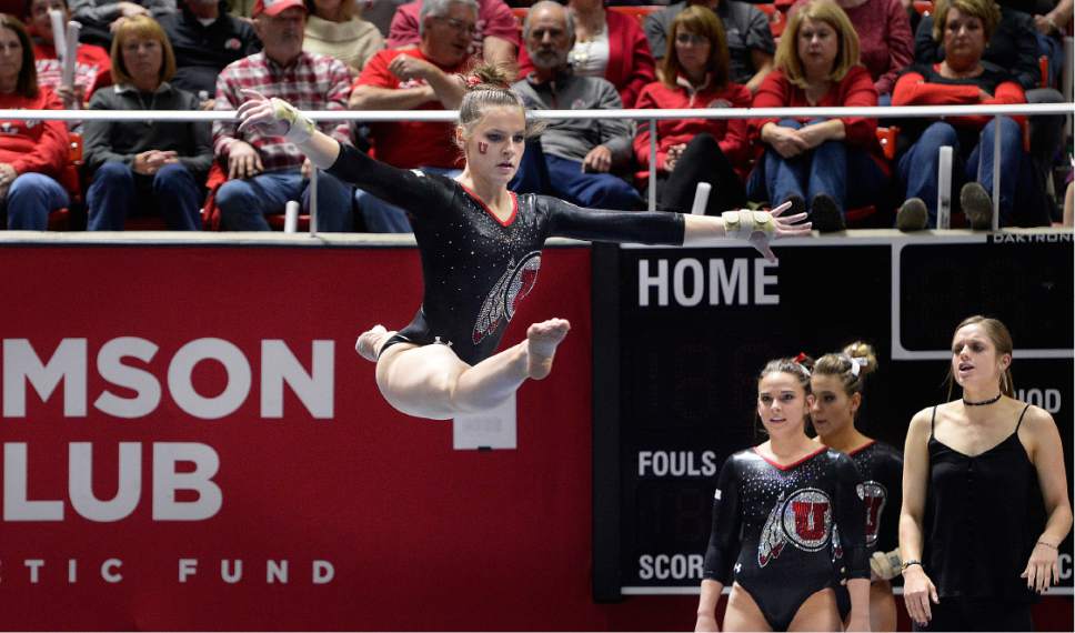 Scott Sommerdorf | The Salt Lake Tribune
Missy Reinstadtler leaps during her floor routine that earned a 9.925 score. Utah outscored Stanford 197.500 to 196.275, Friday, March 3, 2017.