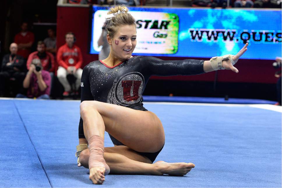 Scott Sommerdorf | The Salt Lake Tribune
Tiffani Lewis winks during her floor routine. Utah outscored Stanford 197.500 to 196.275, Friday, March 3, 2017.