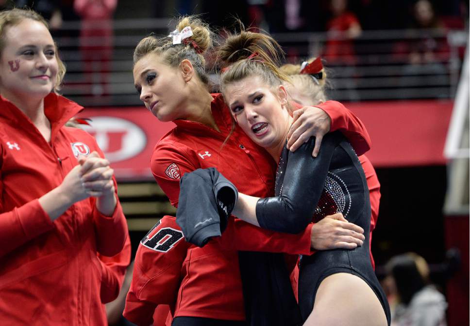 Scott Sommerdorf | The Salt Lake Tribune
Baely Rowe reacts as she sees she missed a perfect score in the floor routine by just .025 during her 9.975 floor routine as Utah outscored Stanford 197.500 to 196.275, Friday, March 3, 2017. Rowe won the overall title with a cumulative score of 39.650.
