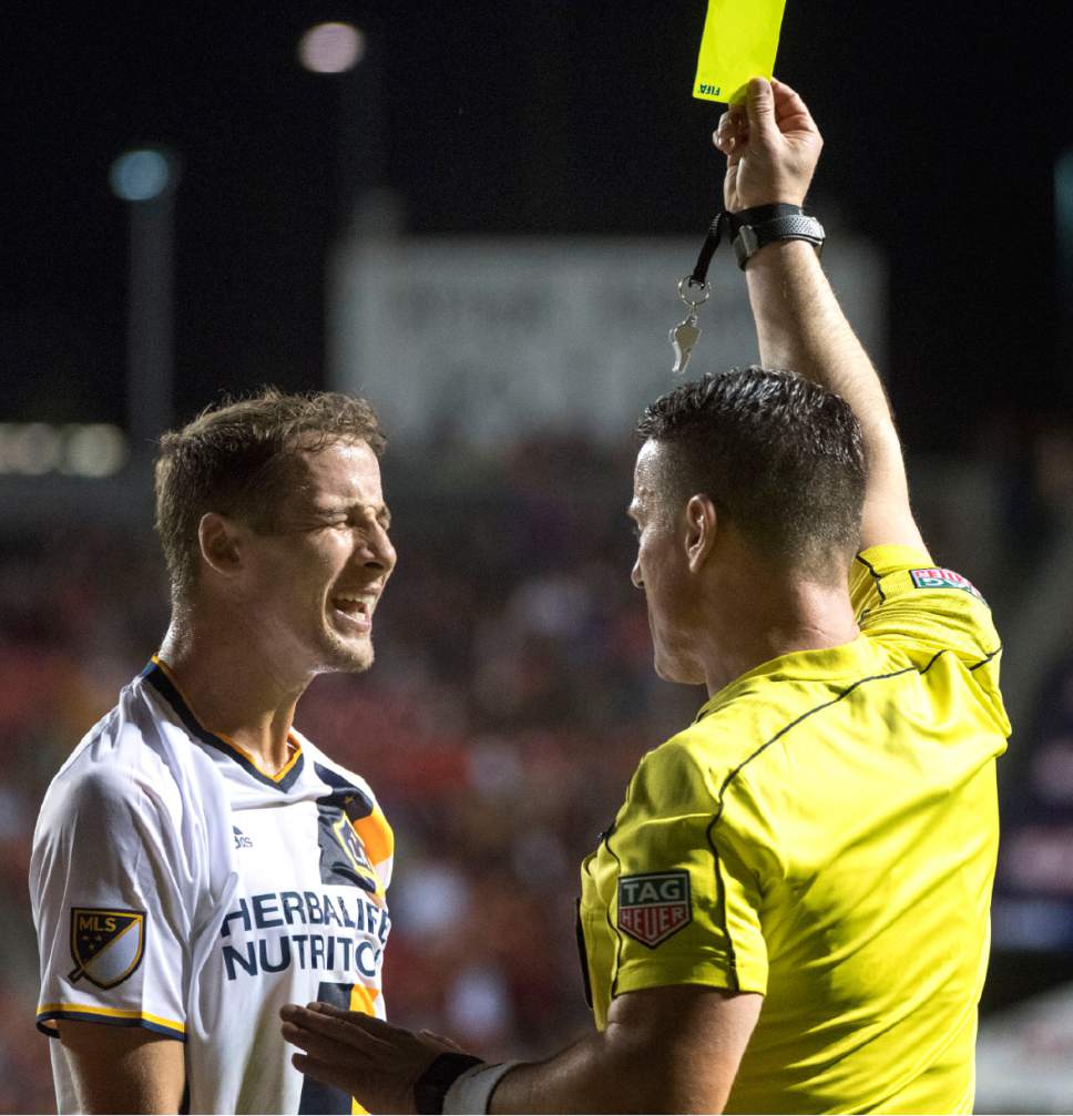 Rick Egan  |  The Salt Lake Tribune

Los Angeles Galaxy defender Nathan Smith (16) reacts as he gets a yellow card, in MLS action Real Salt Lake vs. Los Angeles Galaxy at Rio Tinto Stadium, Saturday, March 18, 2017.