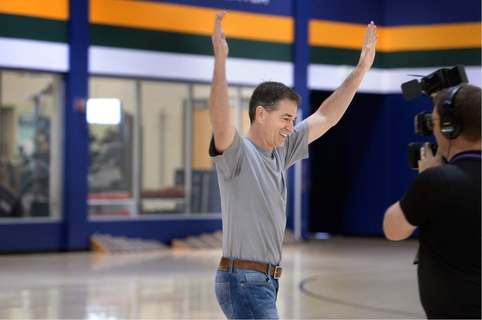 Scott Sommerdorf | The Salt Lake Tribune
Jazz great John Stockton celebrates after draining a 3-pointer after he was asked to re-create the last second shot that sent the Jazz to the NBA finals in 1997. Jazz players from the 1997 team were reunited at the Jazz practice facility, Wednesday, March 22 2017.