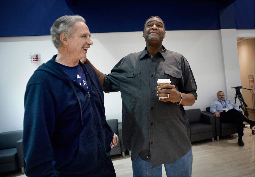 Scott Sommerdorf | The Salt Lake Tribune
Former Jazz coach Phil Jackson meets with former Jazzman Chris Morris as Jazz players from the 1997 team had a reunion at the Jazz practice facility, Wednesday, March 22 2017.