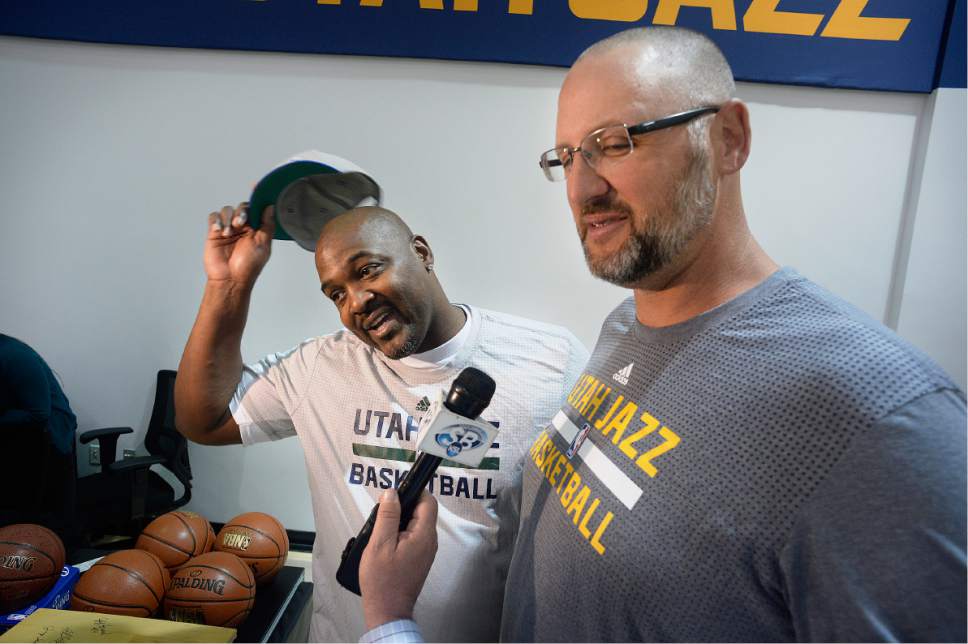 Scott Sommerdorf | The Salt Lake Tribune
Former Jazz player Bryan Russell, left, and Greg Ostertag are interviewed as Jazz players from the 1997 team, Wednesday, March 22 2017.