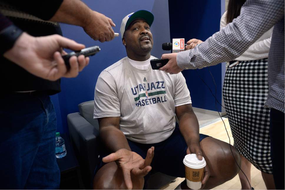 Scott Sommerdorf | The Salt Lake Tribune
Former Jazz player Bryan Russell is interviewed as Jazz players from the 1997 team had a reunion at the Jazz practice facility, Wednesday, March 22 2017.