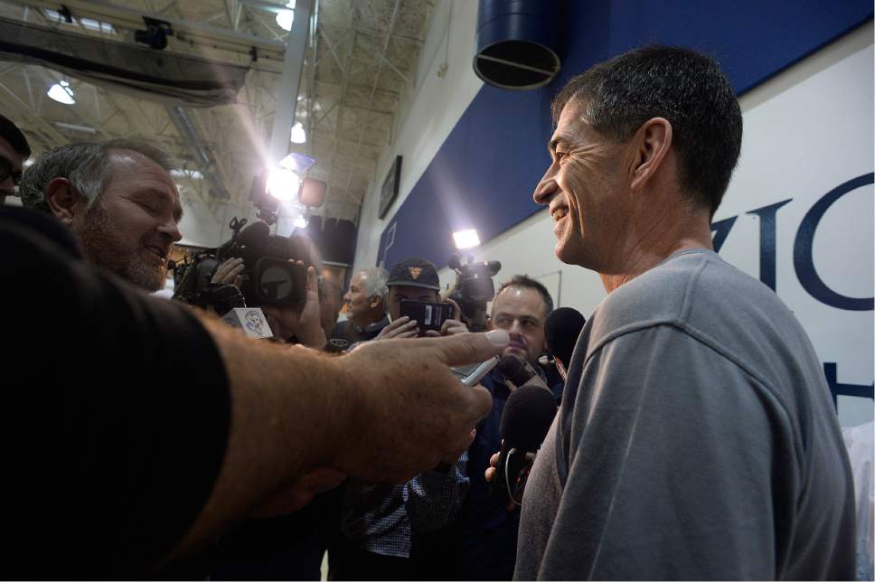 Scott Sommerdorf | The Salt Lake Tribune
Former Jazzman John Stockton is interviewed as Jazz players from the 1997 team were reunited at the Jazz practice facility, Wednesday, March 22 2017.