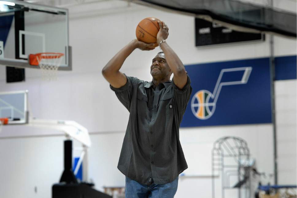 Scott Sommerdorf | The Salt Lake Tribune
Former Jazzman Chris Morris practiced his jumper as Jazz players from the 1997 team were reunited at the Jazz practice facility, Wednesday, March 22 2017.