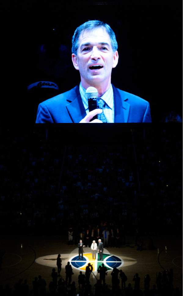 Steve Griffin  |  The Salt Lake Tribune
John Stockton talks to the fans after coaches, players and staff members of the Utah Jazz 1997 team were introduced to the fans during halftime of the Utah Jazz versus New Your Knicks at Vivint Smart Home Arena in Salt Lake City Wednesday March 22, 2017.