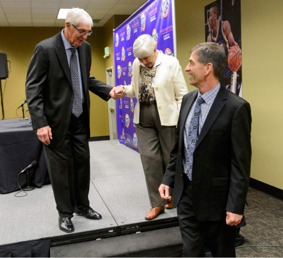 Steve Griffin  |  The Salt Lake Tribune


As the Utah Jazz celebrate the 1997 Utah Jazz team Jerry Sloan, Gail Miller and John Stockton talk about their memories of the historic season during press conference at Vivint Smart Home Arena in Salt Lake City Wednesday March 22, 2017.