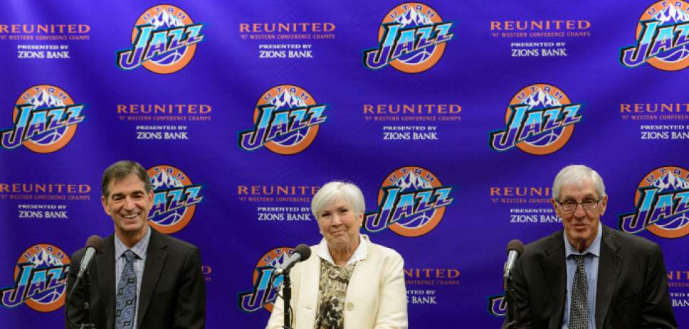 Steve Griffin  |  The Salt Lake Tribune


As the Utah Jazz celebrate the 1997 Utah Jazz team John Stockton, Gail Miller and Jerry Sloan talk about their memories of the historic season during press conference at Vivint Smart Home Arena in Salt Lake City Wednesday March 22, 2017.
