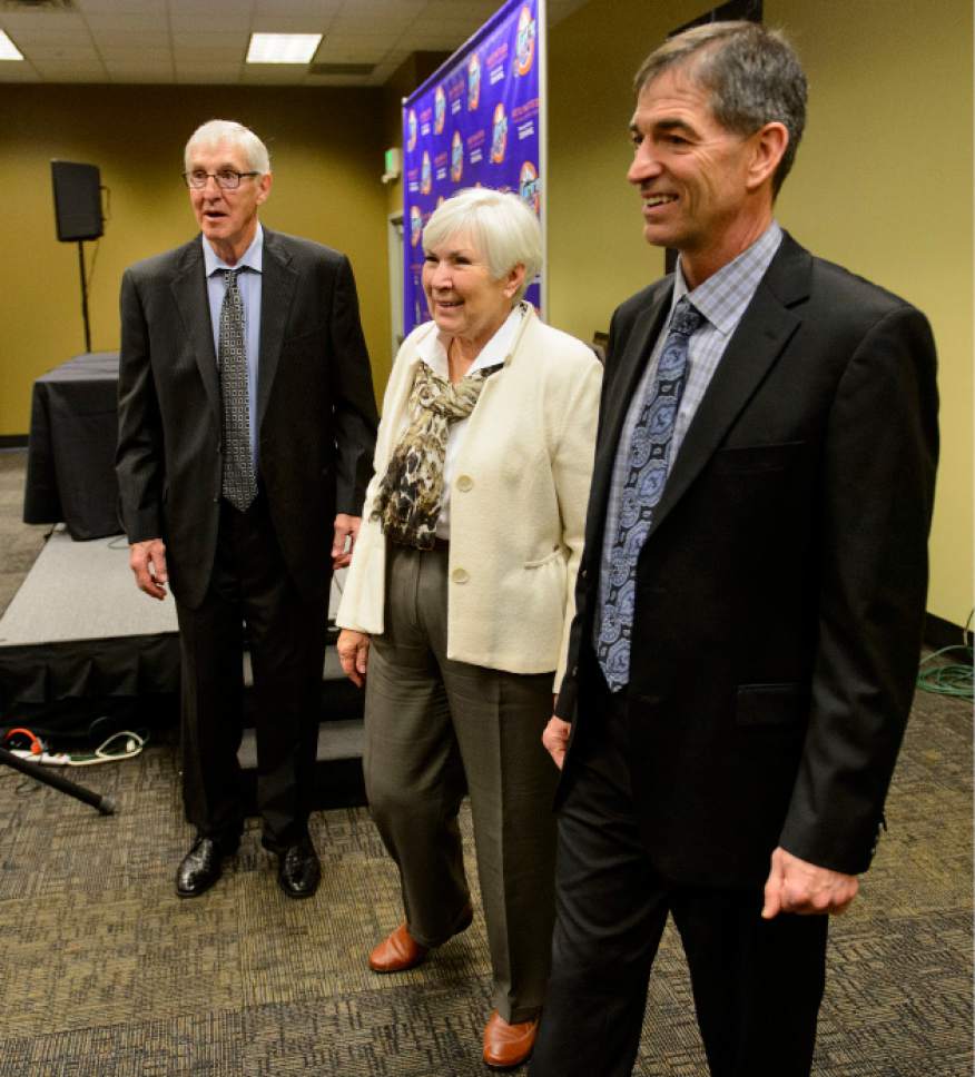 Steve Griffin  |  The Salt Lake Tribune


As the Utah Jazz celebrate the 1997 Utah Jazz team Jerry Sloan, Gail Miller and John Stockton talk about their memories of the historic season during press conference at Vivint Smart Home Arena in Salt Lake City Wednesday March 22, 2017.