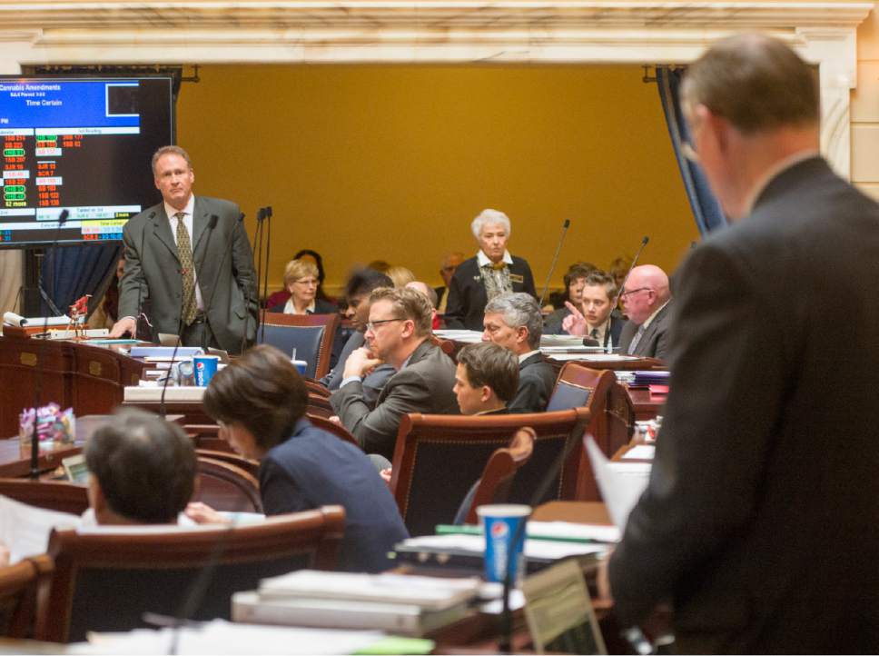 Rick Egan  |  The Salt Lake Tribune

Sen. Mark Madsen listens as Sen. Evan Vickers, R-Cedar City, asks some questions about SB259, that would legalize medical marijuana in Utah, on the Senate floor, Monday, March 2, 2015