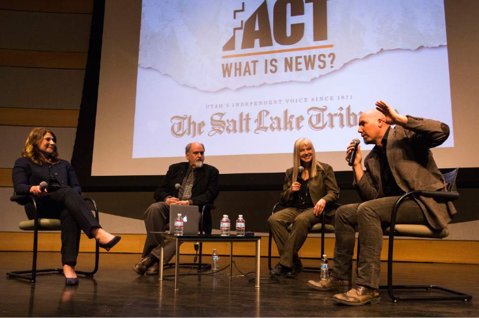 Rick Egan  |  The Salt Lake Tribune

Salt Lake Tribune Editor Jennifer Napier Pearce moderates a panel discussion with columnist George Pyle, Gae Lyn Henderson , and professors Matthew D. LaPlante as they discuss what the trend means for the public and the implications for journalists at "Fake or Fact: What is News?" forum at the Salt Lake Public Library, Wednesday, March 22,2017.