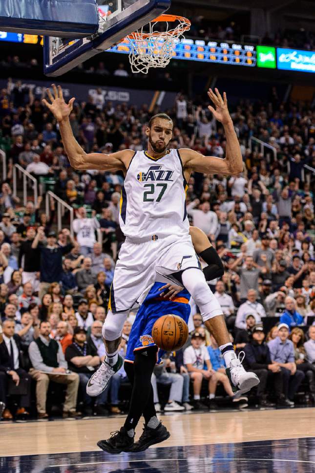 Trent Nelson  |  The Salt Lake Tribune
Utah Jazz center Rudy Gobert (27) dunks the ball as the Utah Jazz host the New York Knicks, NBA basketball in Salt Lake City, Wednesday March 22, 2017.