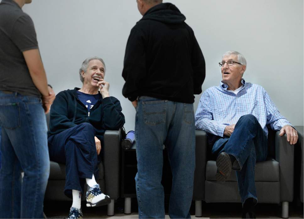 Scott Sommerdorf | The Salt Lake Tribune
Former coaches Phil Jackson, left, and Jerry Sloan joke with others as Jazz players from the 1997 team were reunited at the Jazz practice facility, Wednesday, March 22 2017.