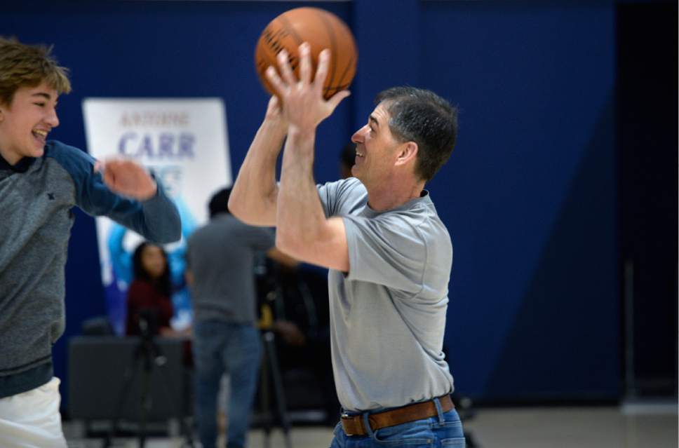 Scott Sommerdorf | The Salt Lake Tribune
Former Jazzman John Stockton practiced his jumper against his son as Jazz players from the 1997 team were reunited at the Jazz practice facility, Wednesday, March 22 2017.