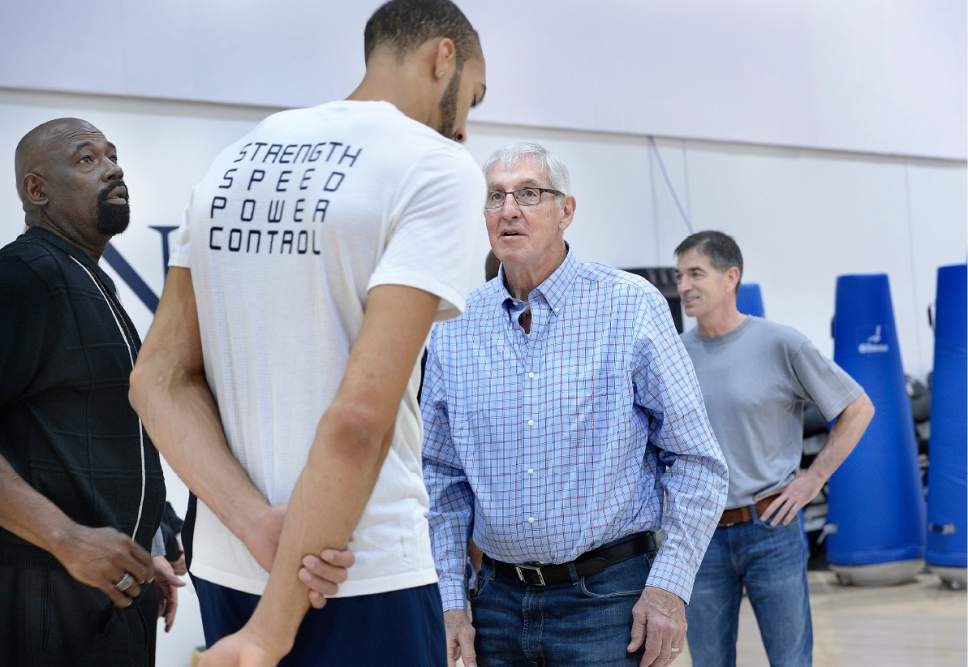 Scott Sommerdorf | The Salt Lake Tribune
Former Jazz head coach Jerry sloan meets current Jazz star Rudy Gobert as Jazz players from the 1997 team, Wednesday, March 22 2017.