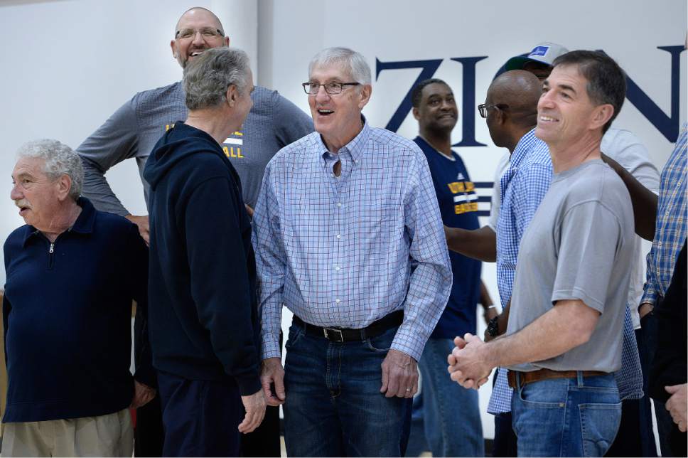 Scott Sommerdorf | The Salt Lake Tribune
Former Jazz head coach Jerry Sloan, center, cracks a big smile as he and other former players including John Stockton, right, had a reunion at the Jazz practice facility, Wednesday, March 22 2017.