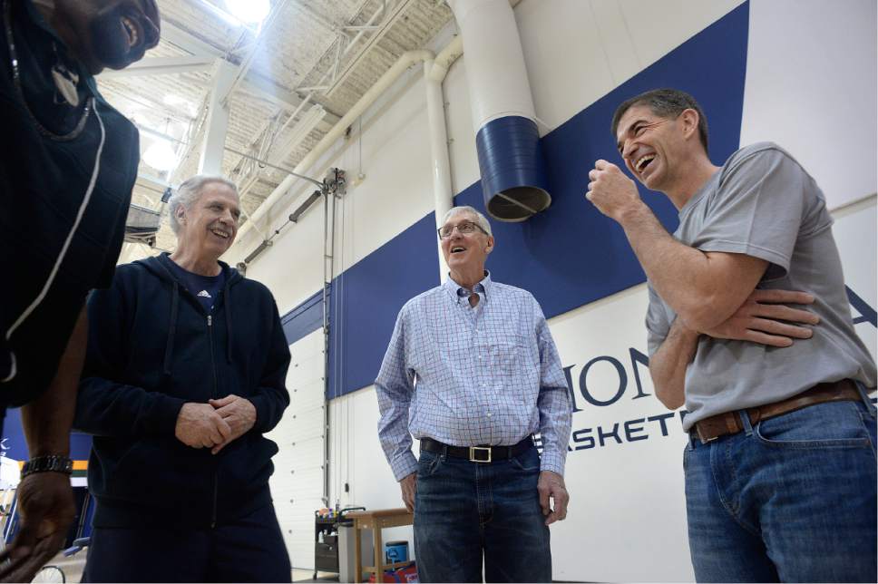 Scott Sommerdorf | The Salt Lake Tribune
Antoine Carr, left, former coaches Phil Jackson, and Jerry Sloan, joke about old time with John Stockton, right as Jazz players from the 1997 team had a reunion at the Jazz practice facility, Wednesday, March 22 2017.