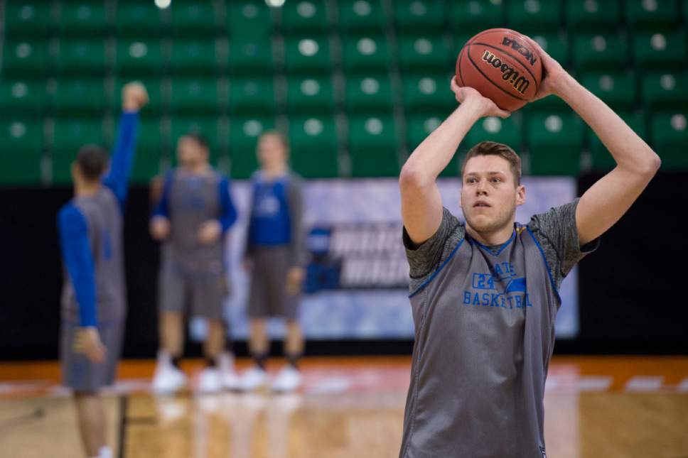 Trent Nelson  |  The Salt Lake Tribune

South Dakota State Jackrabbits forward Mike Daum (24) warms up during South Dakota State's practice at the NCAA Tournament in Salt Lake City on Wednesday, March 15, 2017.