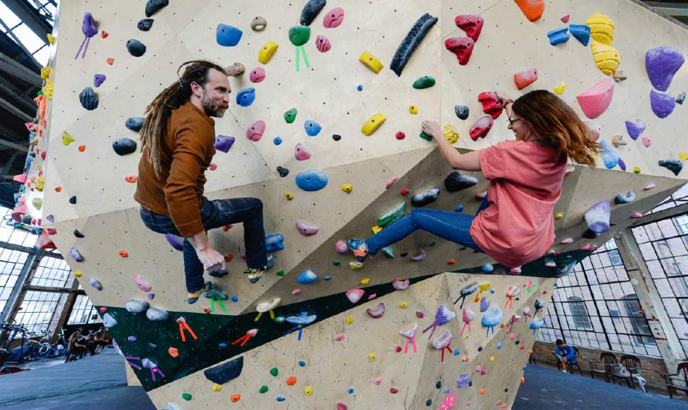 Francisco Kjolseth | The Salt Lake Tribune
Shane Bryson is joined by his wife, Heather, as they climb together at the Front Climbing Club in Ogden. Shane is making a big change Friday, with a planned vasectomy. He pursued the procedure through a campaign at the University of Utah called U. Vas Madness, which promotes vasectomies during the NCAA Tournament.