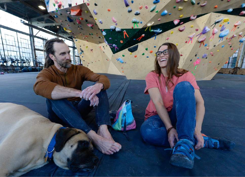 Francisco Kjolseth | The Salt Lake Tribune
Shane Bryson is joined by his wife, Heather, and their dog, Boris, as they climb together at the Front Climbing Club in Ogden. Shane is making a big change Friday, with a planned vasectomy. He is pursuing the procedure through a campaign at the University of Utah called U. Vas Madness, which promotes vasectomies during the NCAA Tournament.