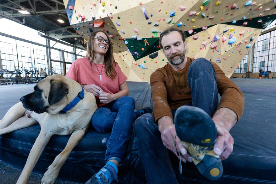Francisco Kjolseth | The Salt Lake Tribune
Shane Bryson is joined by his wife, Heather, and their dog, Boris, as they climb together at the Front Climbing Club in Ogden. Shane is making a big change Friday, with a planned vasectomy. He is pursuing the procedure thorugh a campaign at the University of Utah called U. Vas Madness, which promotes vasectomies during the NCAA Tournament.