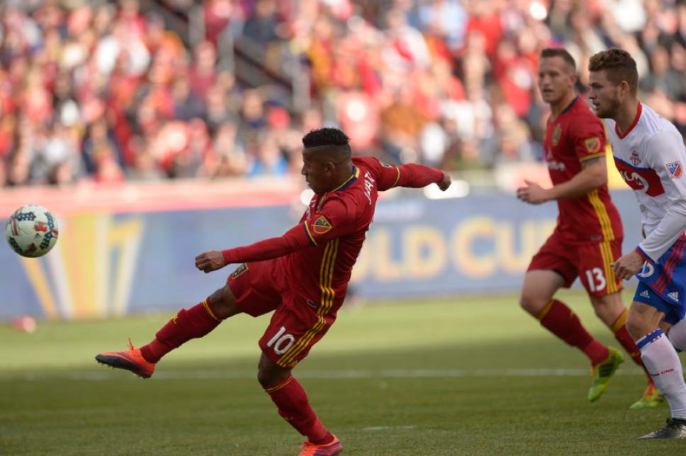 Leah Hogsten  |  The Salt Lake Tribune
Real Salt Lake forward Joao Plata's (10) chance for a chip at goal goes over the net in the second half. Real Salt Lake tied the 2017 season home opener with Toronto FC, 0-0, Saturday, March 4, 2017 at Rio Tinto Stadium.