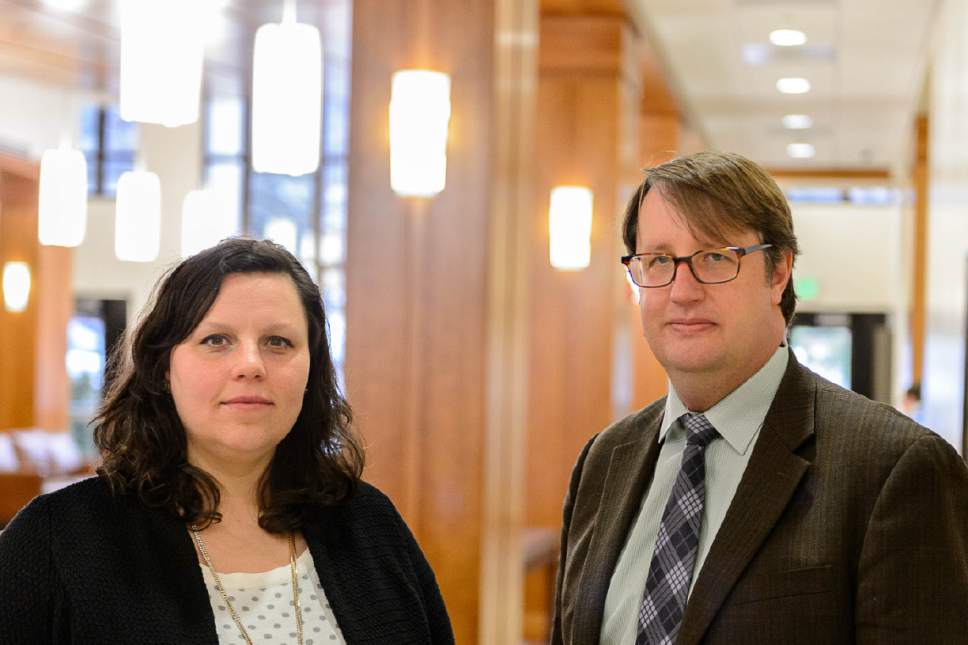 Trent Nelson  |  The Salt Lake Tribune
Attorney Sarah Brinton and environmental law professor Brigham Daniels at BYU's J. Reuben Clark Law School in Provo, Thursday March 23, 2017. The two were instrumental in an online petition pressing Rep. Jason Chaffetz to conduct oversight into possible conflicts of interest involving President Donald Trump. Signatories include 25 BYU and University of Utah law professors.