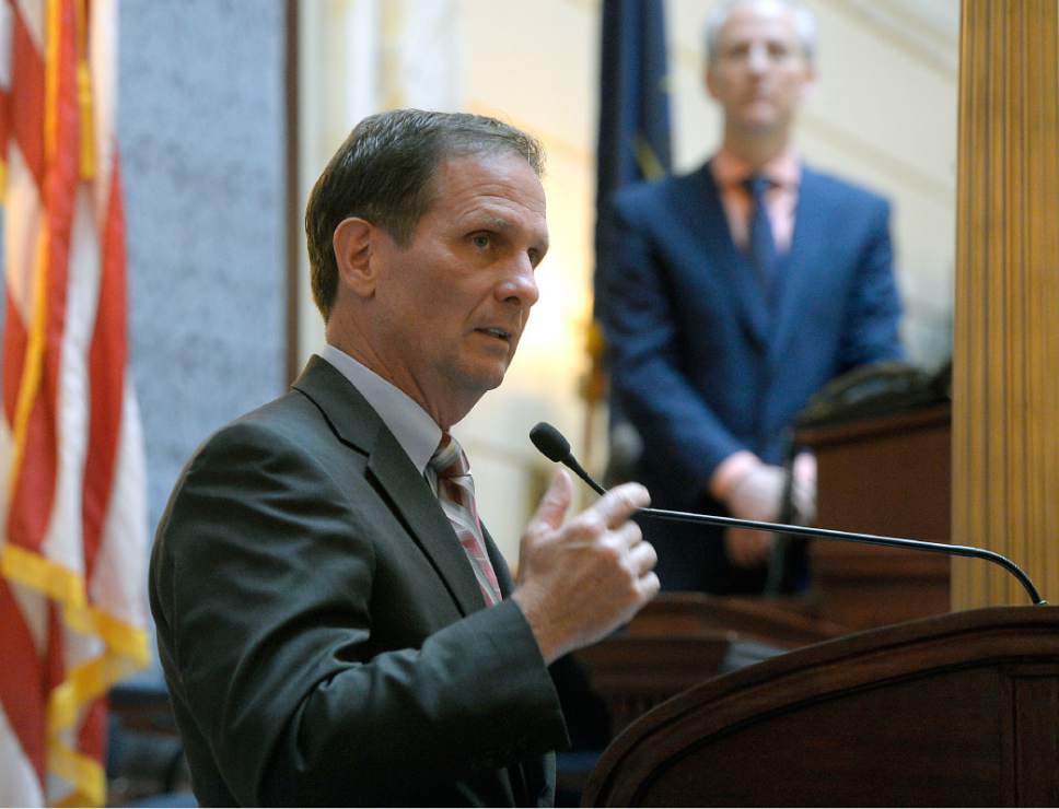 Al Hartmann  |  The Salt Lake Tribune
Congressman Chris Stewart speaks before members of the Utah Senate Thursday Feb. 9.