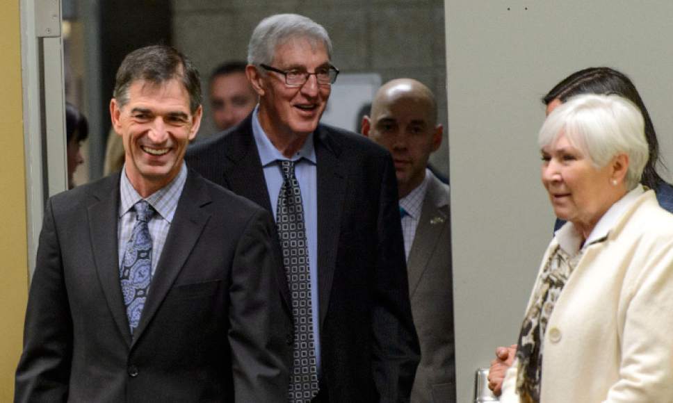 Steve Griffin  |  The Salt Lake Tribune


As the Utah Jazz celebrate the 1997 Utah Jazz team John Stockton, Jerry Sloan and Gail Miller walk into a press conference at Vivint Smart Home Arena in Salt Lake City Wednesday March 22, 2017.
