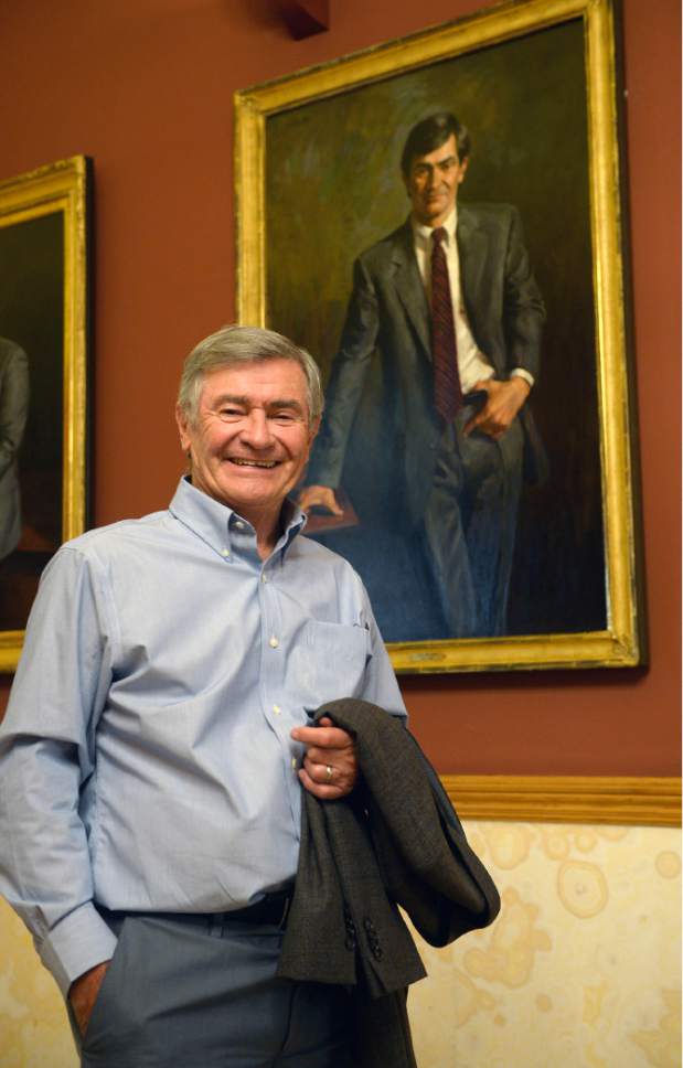 Al Hartmann  |  The Salt Lake Tribune
Former Salt Lake City Mayor Ted Wilson stands beside his official portrait in the hallway outside the Mayor's office in the City-County building Monday March 20. He served three terms as mayor from 1976-1985 before becoming director for the Hinckley Insititute of Politics.  Wilson is 76 years old now, a bit grayer but still enjoys bicycling, rock climbing and skiing.
