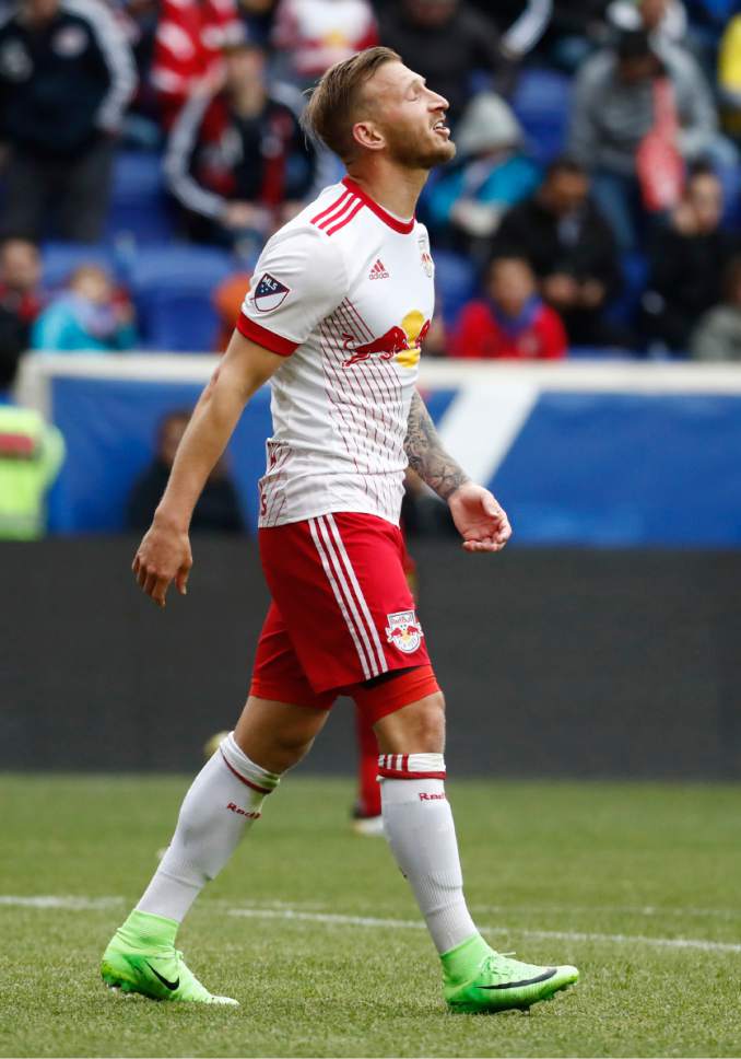 New York Red Bulls midfielder Daniel Royer reacts after being called offsides on a play during the first half of an MLS soccer match against the Real Salt Lake, Saturday, March 25, 2017, in Harrison, N.J. (AP Photo/Julio Cortez)