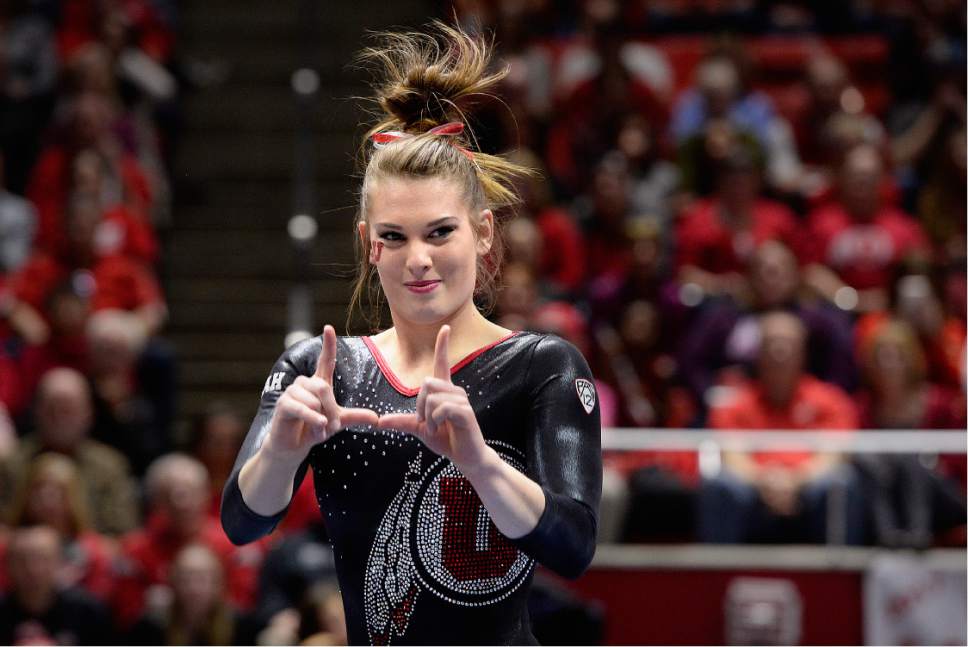 Scott Sommerdorf | The Salt Lake Tribune
Baely Rowe during her 9.975 floor routine as Utah outscored Stanford 197.500 to 196.275, Friday, March 3, 2017. Rowe won the overall title with a cumulative score of 39.650.