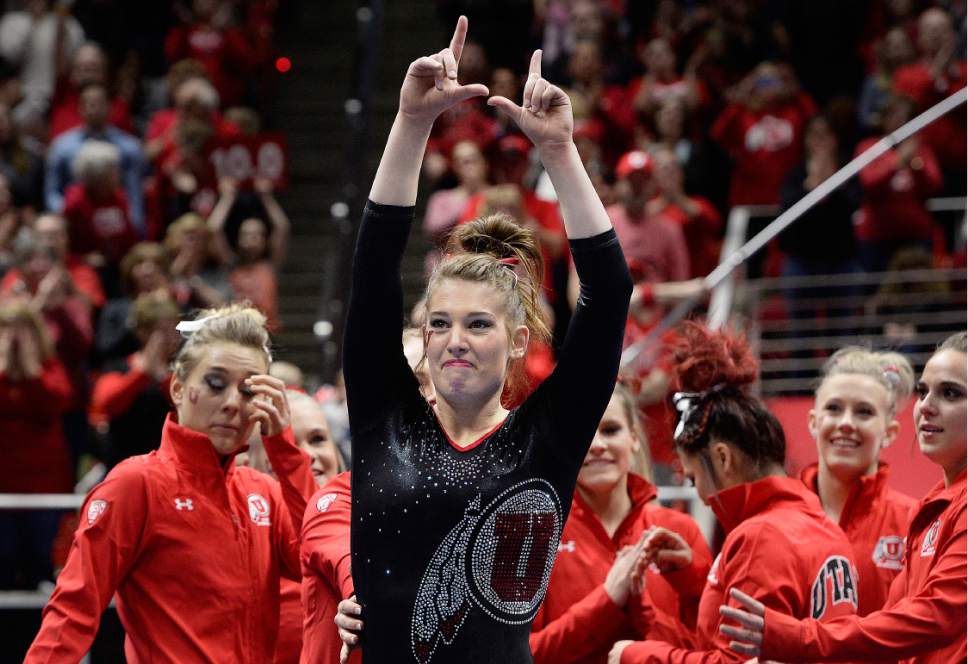 Scott Sommerdorf | The Salt Lake Tribune
Baely Rowe reacts to her 9.975 floor routine as Utah outscored Stanford 197.500 to 196.275, Friday, March 3, 2017. Rowe won the overall title with a cumulative score of 39.650.