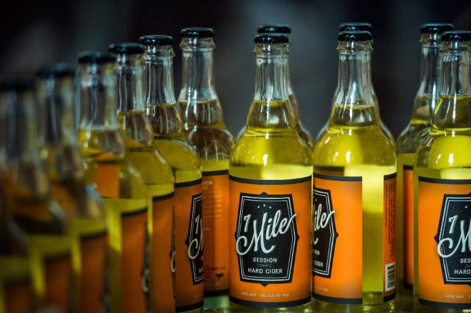 Chris Detrick  |  The Salt Lake Tribune
Cider maker Joel Goodwillie labels bottles of 7 Mile Session Hard Cider at Mountain West Hard Cider on Wednesday, March 22, 2017.