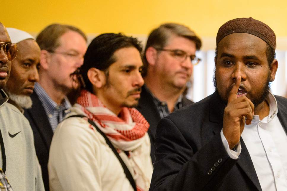 Trent Nelson  |  The Salt Lake Tribune
Imam Yussuf Abdi speaks at a news conference where religious and community leaders gathered at the Madina Masjid Islamic Center in Salt Lake City to show support, Friday March 10, 2017.