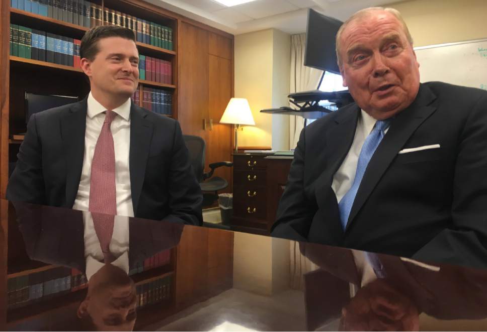 Thomas Burr  | The Salt Lake Tribune

White House staff secretary Rob Porter, left, meets with Jon Huntsman Sr. at the White House on Thursday. Huntsman held the same job as Porter in the Nixon administration and dropped by to offer advice. Porter's job is described as being the "air traffic controller" of the White House.