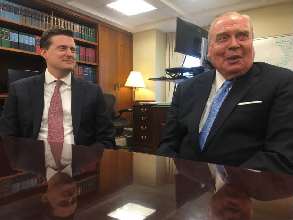 Thomas Burr  | The Salt Lake Tribune

White House staff secretary Rob Porter, left, meets with Jon Huntsman Sr. at the White House on Thursday. Huntsman held the same job as Porter in the Nixon administration and dropped by to offer advice. Porter's job is described as being the "air traffic controller" of the White House.
