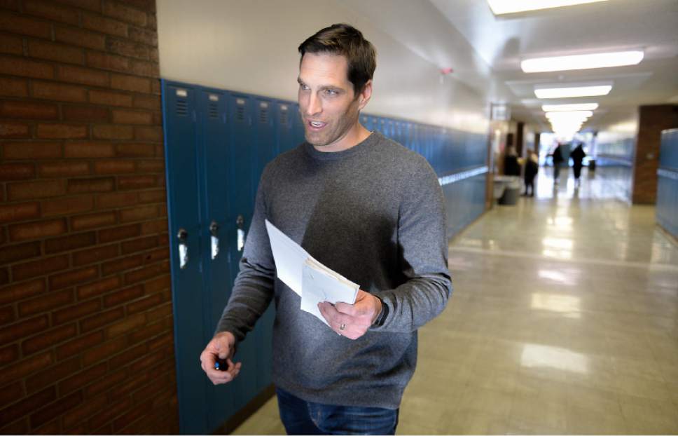 Francisco Kjolseth | The Salt Lake Tribune
Josh Romney, son of former presidential candidate Mitt Romney arrives at the GOP caucuses at Cottonwood High School on Tuesday, March 22, 2016, to vote absentee for his father who is in Washington D.C.