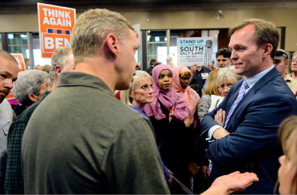 Steve Griffin  |  The Salt Lake Tribune


West Valley City citizens express their concerns about proposed homeless shelters in their city with Salt Lake County Mayor Ben McAdams as they attend an open house on at the Utah Cultural Celebration Center in West Valley City Tuesday March 21, 2017.