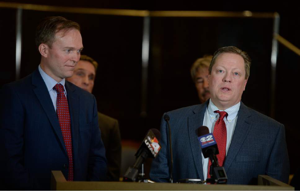 Francisco Kjolseth | The Salt Lake Tribune
Mayor Ben McAdams, left,  is joined by Draper City Mayor Troy Walker at the Salt Lake County Government Center as Draper steps forward with two new homeless shelter site proposals on Tuesday, March 28, 2017.