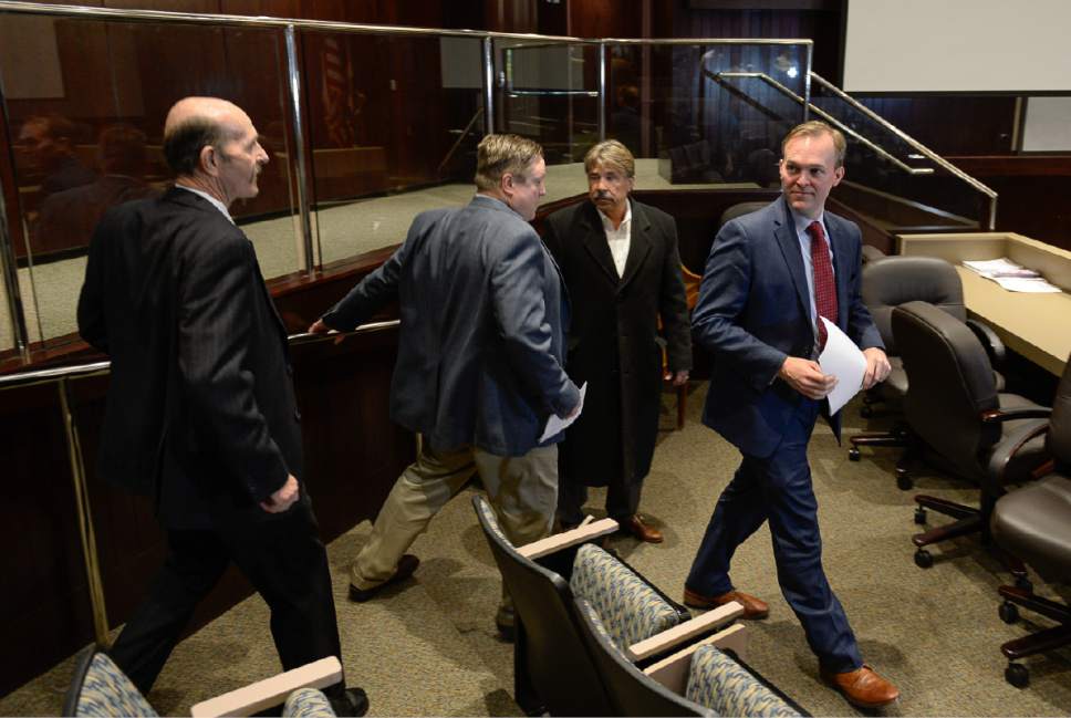 Francisco Kjolseth | The Salt Lake Tribune
Mayor Ben McAdams is joined by Draper City Mayor Troy Walker and his council members at the Salt Lake County Government Center as Draper steps forward with two new homeless shelter site proposals on Tuesday, March 28, 2017.