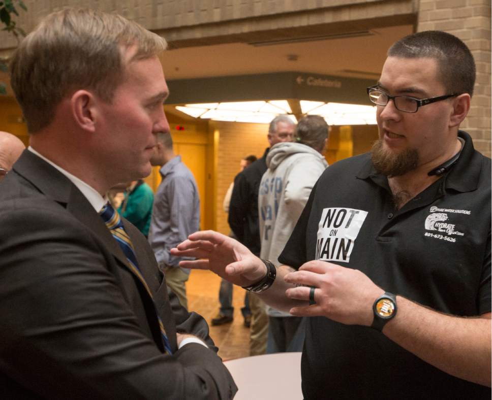 Rick Egan  |  The Salt Lake Tribune

Salt Lake County Mayor Ben McAdams talks to Reed Taylor, at the final open house, to discuss the two newly proposed shelter sites, Monday, March 27, 2017.
