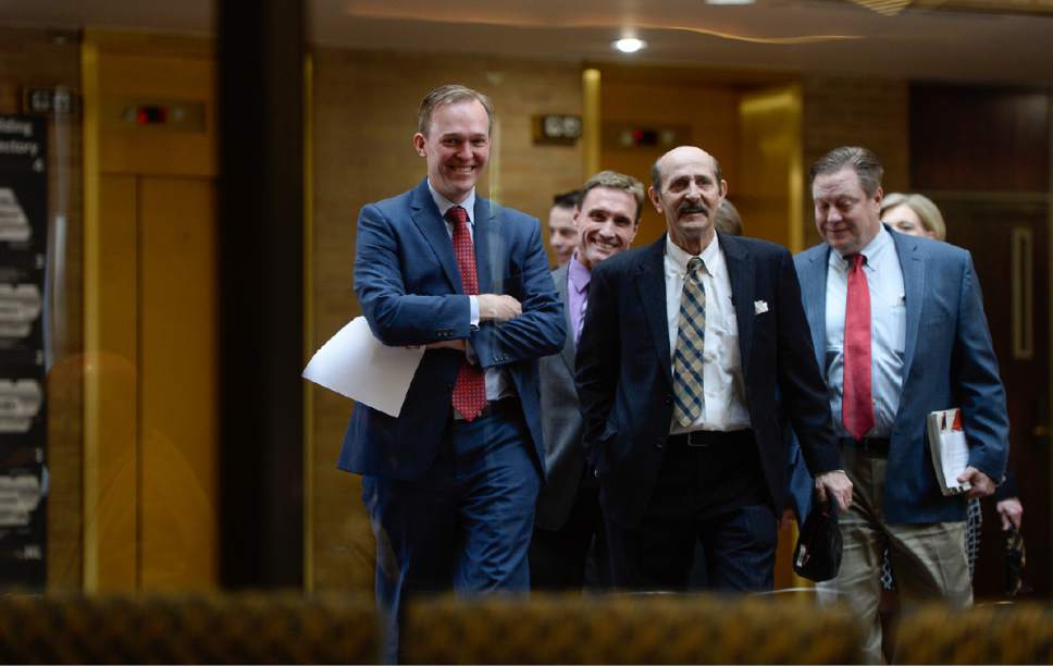 Francisco Kjolseth | The Salt Lake Tribune
Mayor Ben McAdams, left, is joined by Draper City council members and Mayor Troy Walker as they arrive at the Salt Lake County Government Center to announce that Draper City was stepping forward with two new homeless shelter site proposals on Tuesday, March 28, 2017.