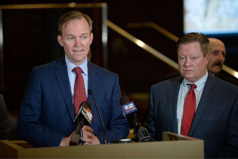 Francisco Kjolseth | The Salt Lake Tribune
Mayor Ben McAdams, left,  is joined by Draper City Mayor Troy Walker at the Salt Lake County Government Center as Draper steps forward with two new homeless shelter site proposals on Tuesday, March 28, 2017.