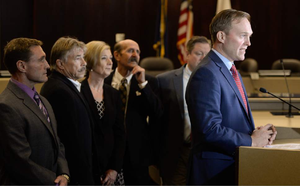 Francisco Kjolseth | The Salt Lake Tribune
Mayor Ben McAdams, right, is joined by Draper City council members and Mayor Troy Walker as they announce that Draper City was stepping forward with two new homeless shelter site proposals on Tuesday, March 28, 2017.