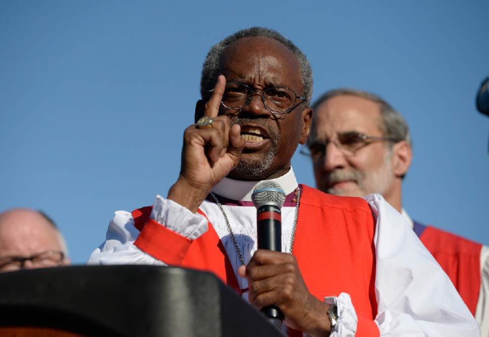 Scott Sommerdorf   |  The Salt Lake Tribune
Bishop Michael Curry of North Carolina who was elected at the 27th Presiding Bishop of the Episcopal Church speaks after a march against gun violence held in Salt Lake City, Sunday, June 28, 2015.