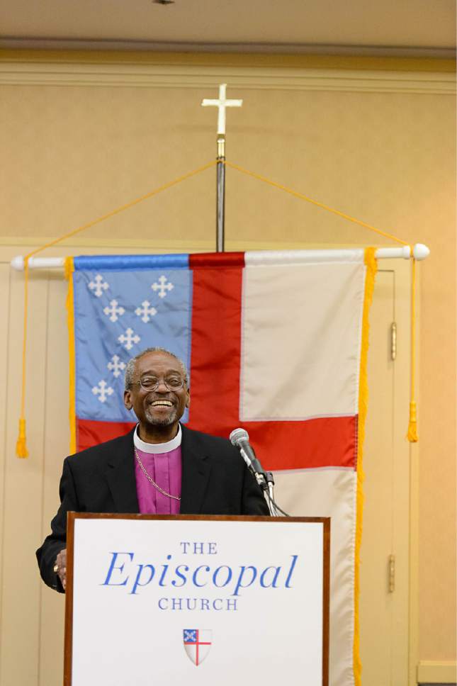 Trent Nelson  |  The Salt Lake Tribune
Michael Curry, named Saturday as the Episcopal Church's first African-American presiding bishop, spoke to reporters during the  national assembly in Salt Lake City, Saturday June 27, 2015.